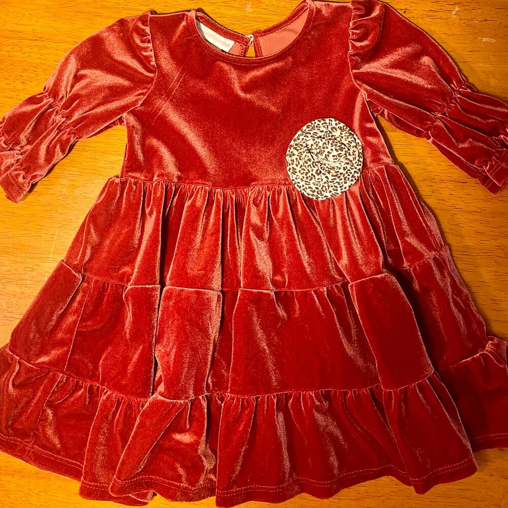 Bonnie Jean Red Velvet Tiered Holiday Dress Leopard Flower 2T NWOT